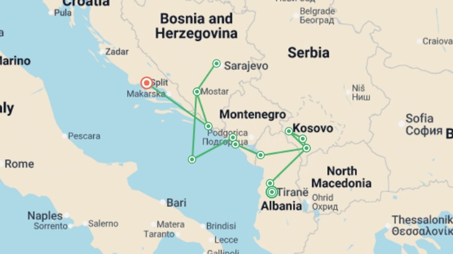 A map showing the tour itinerary for the trip: Albania to the Adriatic - 8 days, starting in Tirana, Albania and ending in Split, Croatia going through 5 other destinations.