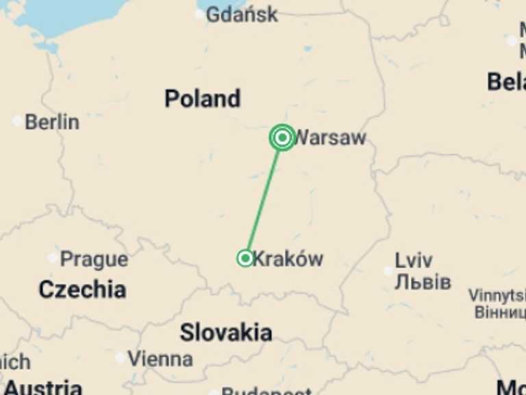 Map itinerary of Eastern Europe Tour in October 2026 with 2 destination visits for the trip: Poland's Heritage Highlights Tour - 5 days