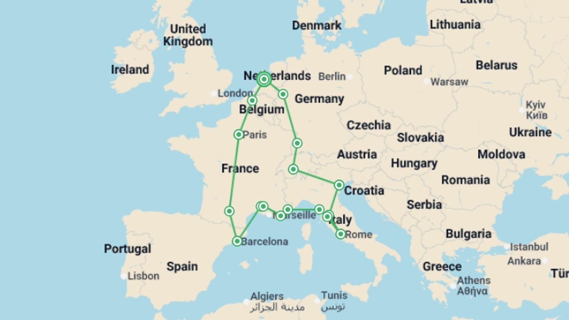A map showing the tour itinerary for the trip: Europe Explorer, starting in Amsterdam, Holland and ending in Amsterdam, Holland going through 10 other destinations.