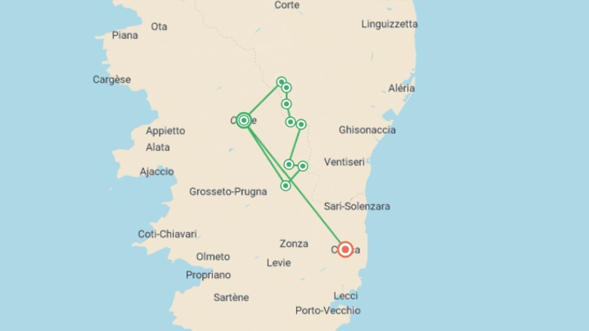 A map showing the tour itinerary for the trip: Corsica GR20 South, starting in Corsica, France and ending in Conca, France going through 5 other destinations.