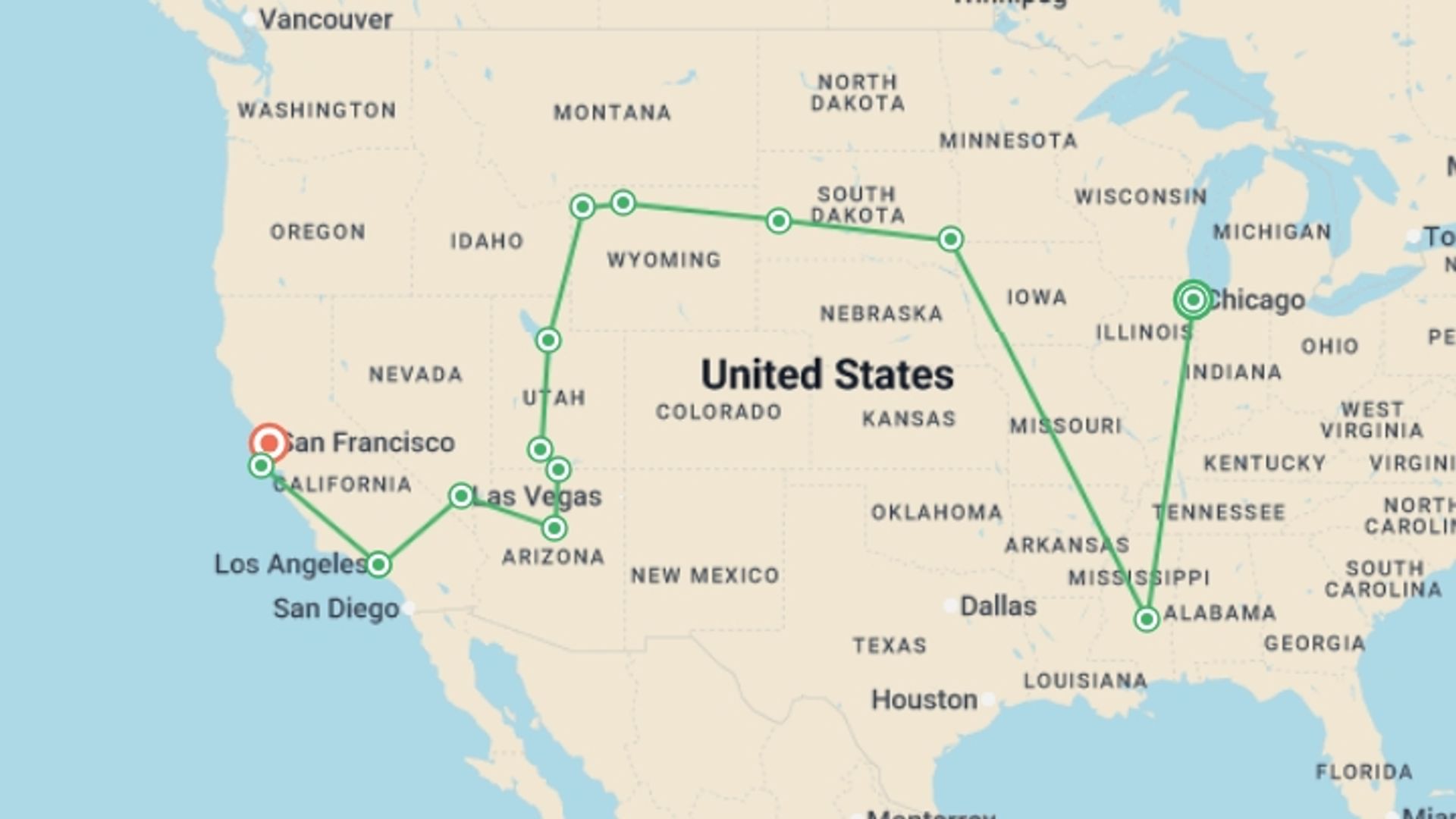A map showing the tour itinerary for the trip: Chicago to Golden Gate, starting in Chicago, USA and ending in San Francisco, USA going through 10 other destinations.