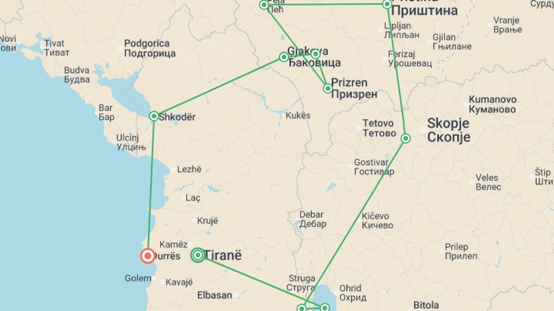 A map showing the tour itinerary for the trip: Undiscovered Balkans, starting in Tirana, Albania and ending in Durres, Albania going through 10 other destinations.