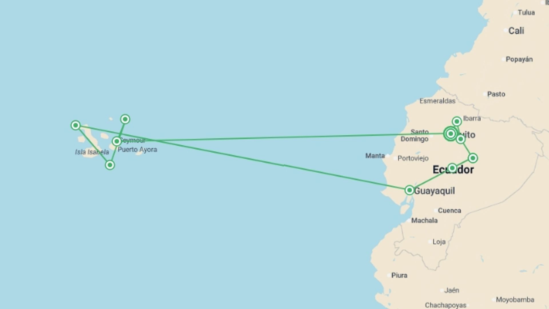 A map showing the tour itinerary for the trip: Best of Ecuador and Galapagos Cruise, starting in Quito, Ecuador and ending in Quito, Ecuador going through 7 other destinations.