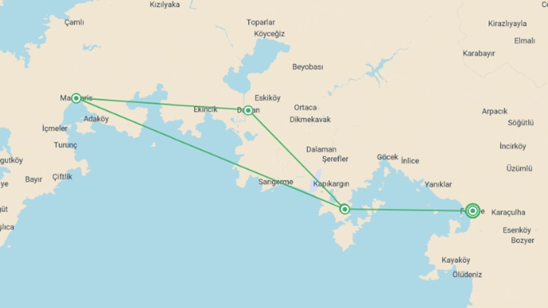 A map showing the tour itinerary for the trip: Azure Blue - Fethiye / Marmaris, starting in Fethiye, Turkey and ending in Fethiye, Turkey going through 4 other destinations.