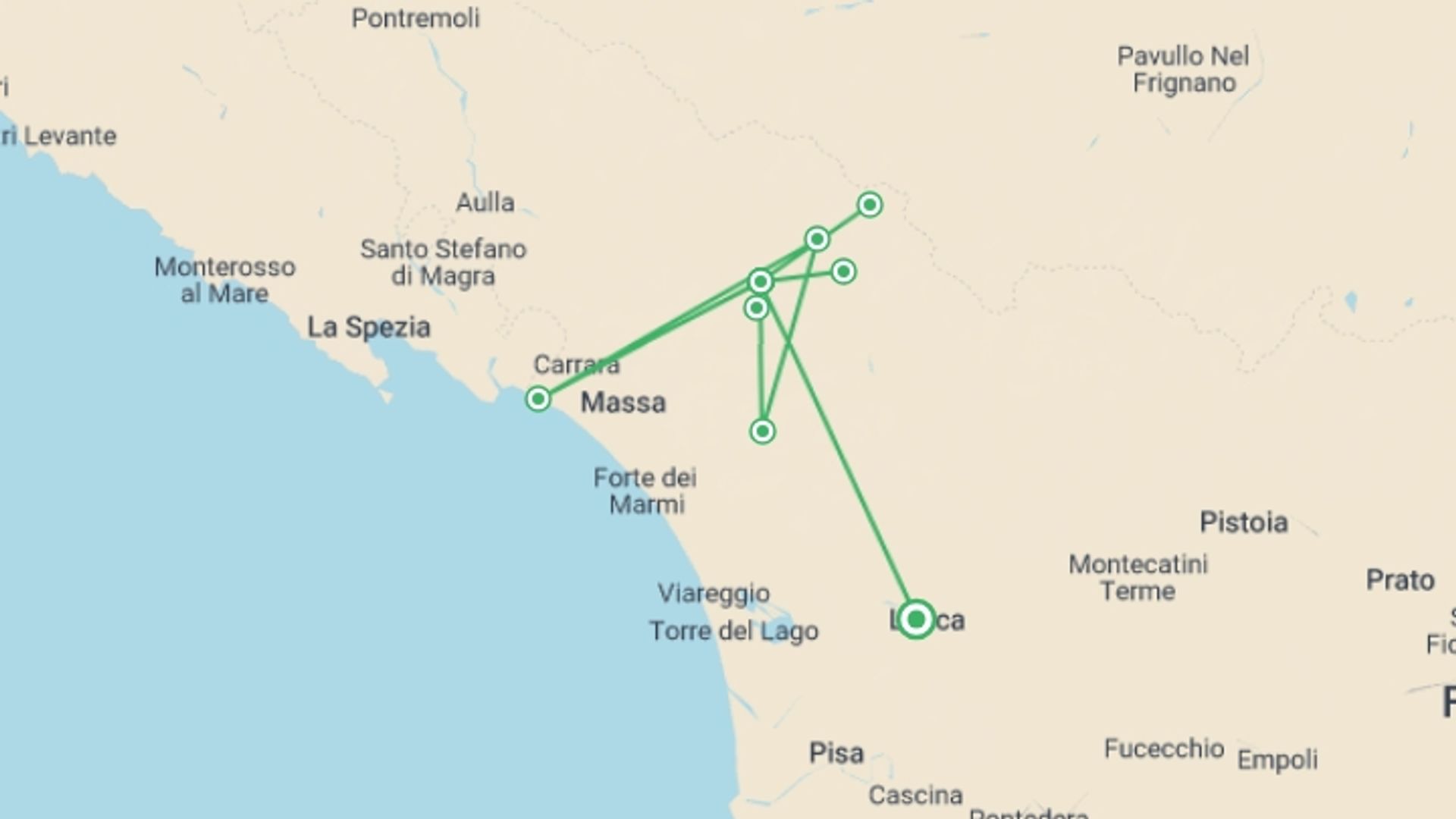 A map showing the tour itinerary for the trip: Walking in Tuscany, starting in Lucca, Italy and ending in Lucca, Italy going through 5 other destinations.