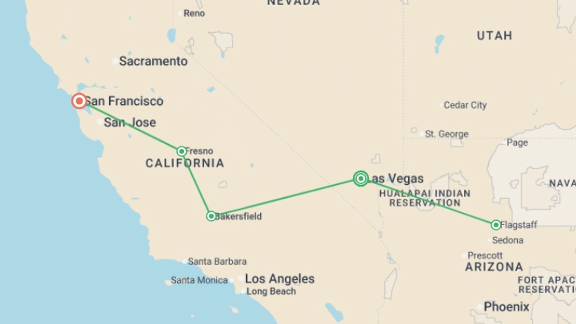 A map showing the tour itinerary for the trip: Great Cities of the West, Ending in San Francisco, starting in Las Vegas, USA and ending in San Francisco, USA going through 3 other destinations.