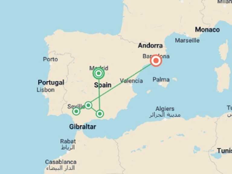 Map itinerary of Spain Tour in February 2026 with 4 destination visits for the trip: Best of Southern Spain