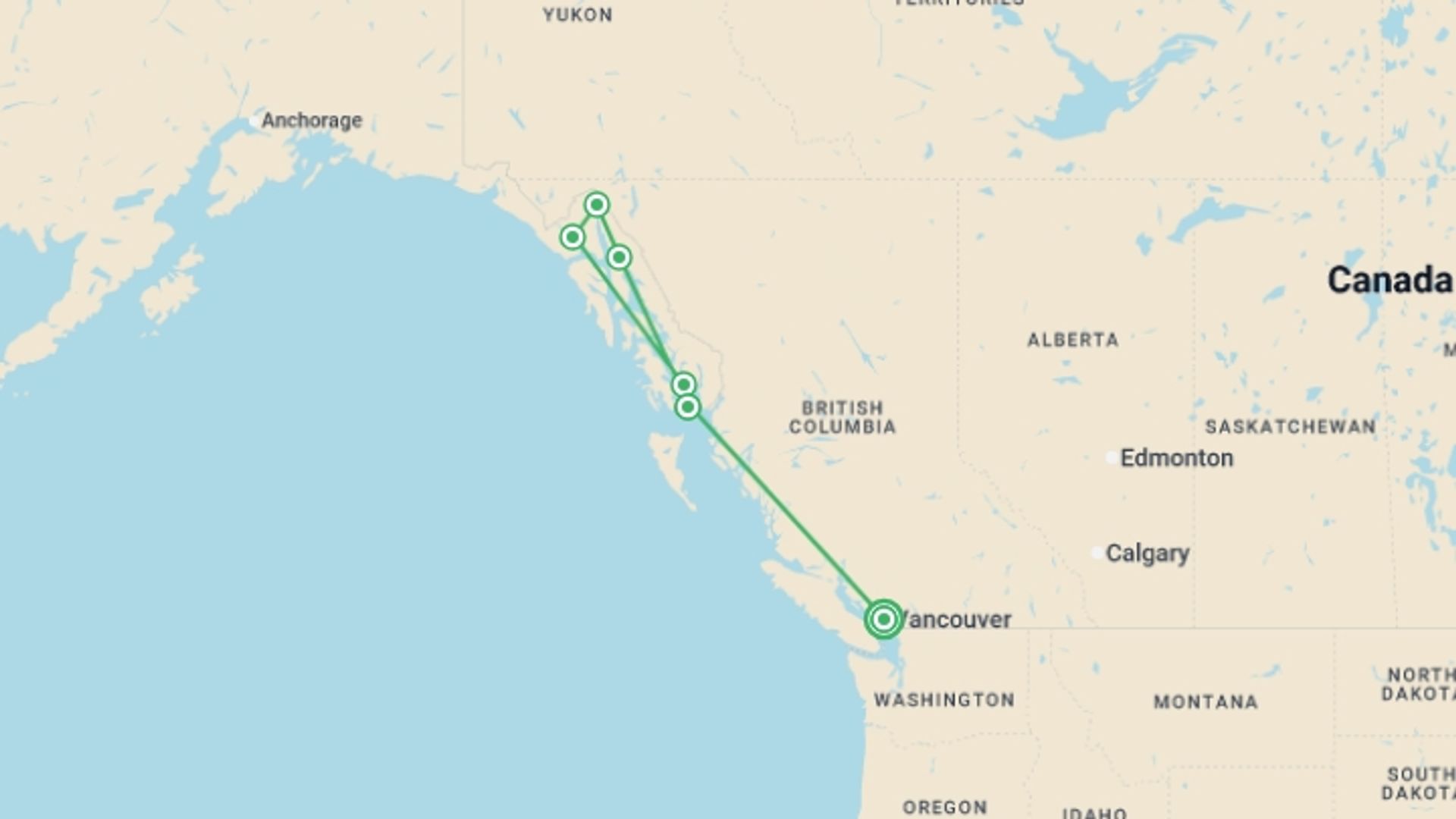 A map showing the tour itinerary for the trip: Alaska's Inside Passage Cruise featuring a 7-night Holland America Cruise, starting in Vancouver, Canada and ending in Vancouver, Canada going through 5 other destinations.