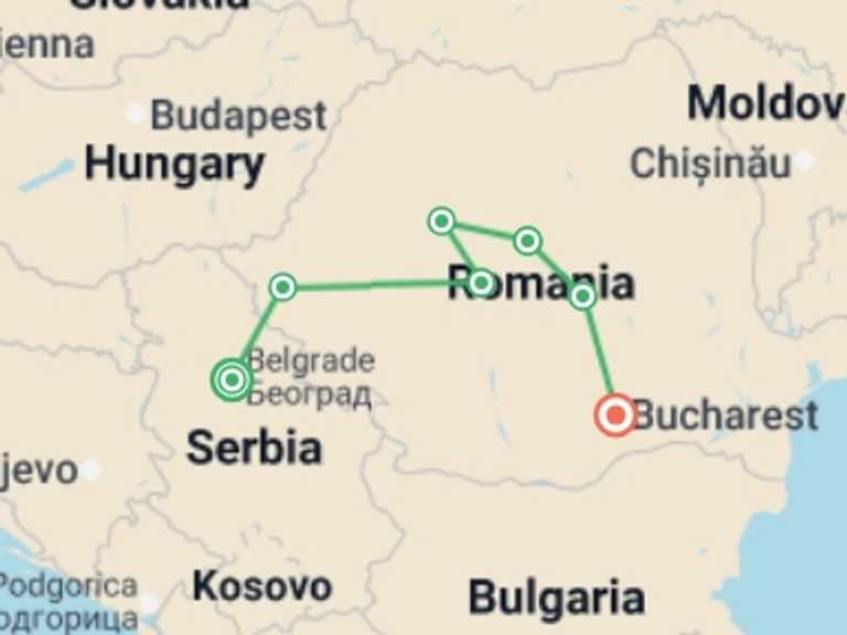 Map itinerary of Sibiu Tour in August 2027 with 7 destination visits for the trip: Premium Belgrade to Bucharest