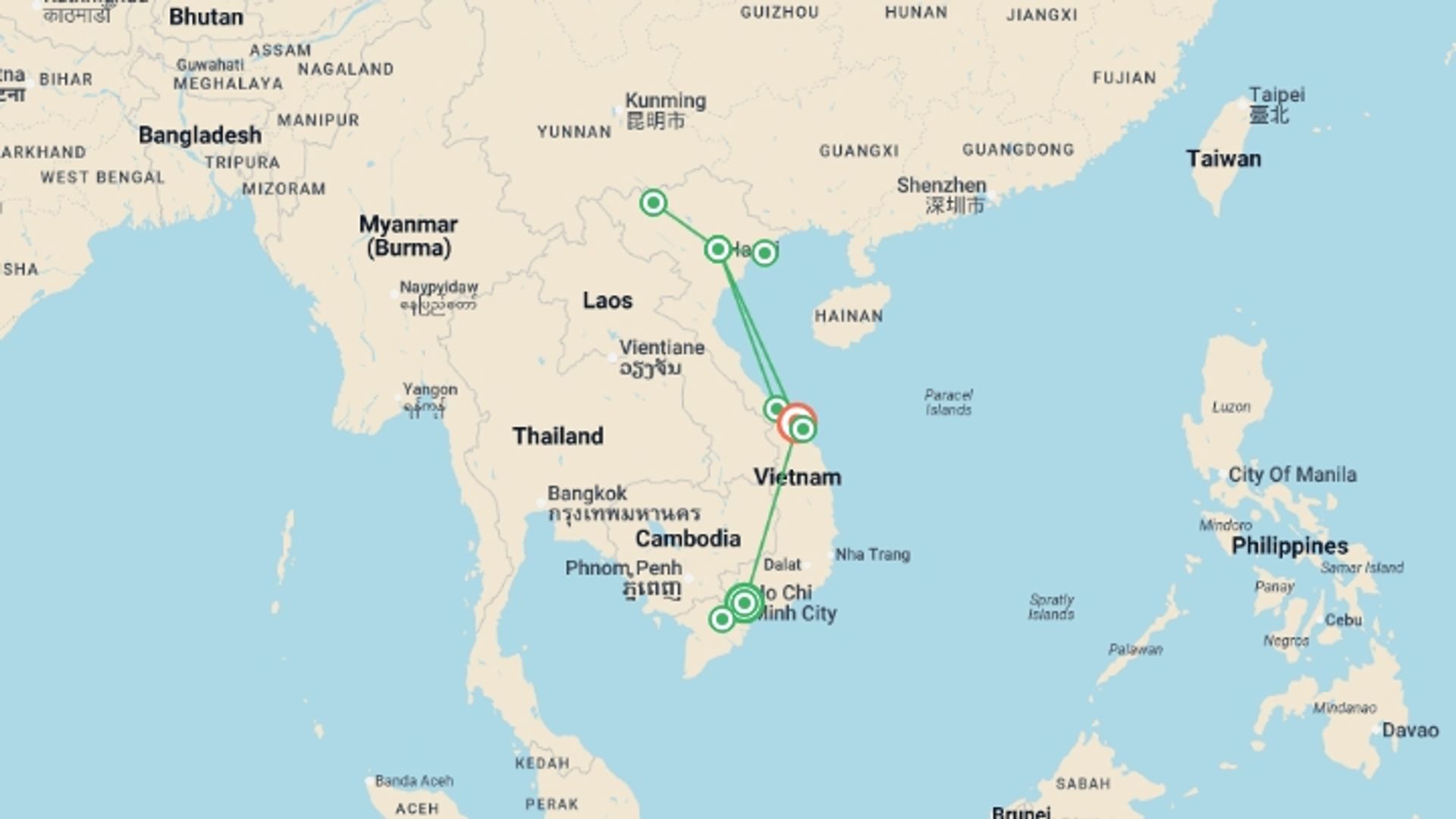 A map showing the tour itinerary for the trip: Vietnam Culture & Cuisine Group Experience, starting in Ho Chi Minh City, Vietnam and ending in Halong Bay, Vietnam going through 6 other destinations.
