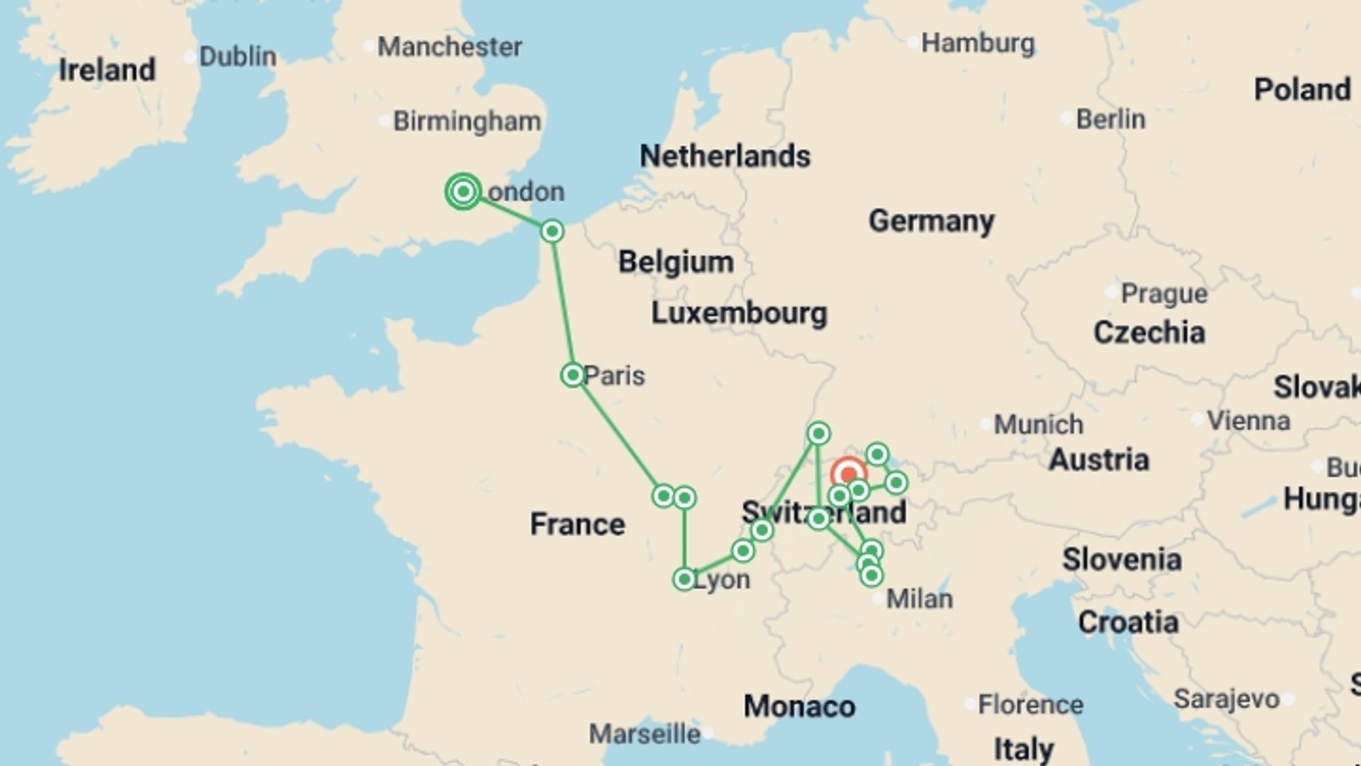 A map showing the tour itinerary for the trip: Solo Lite Spectacular London to the Swiss Alps, starting in London, England and ending in Zurich, Switzerland going through 5 other destinations.