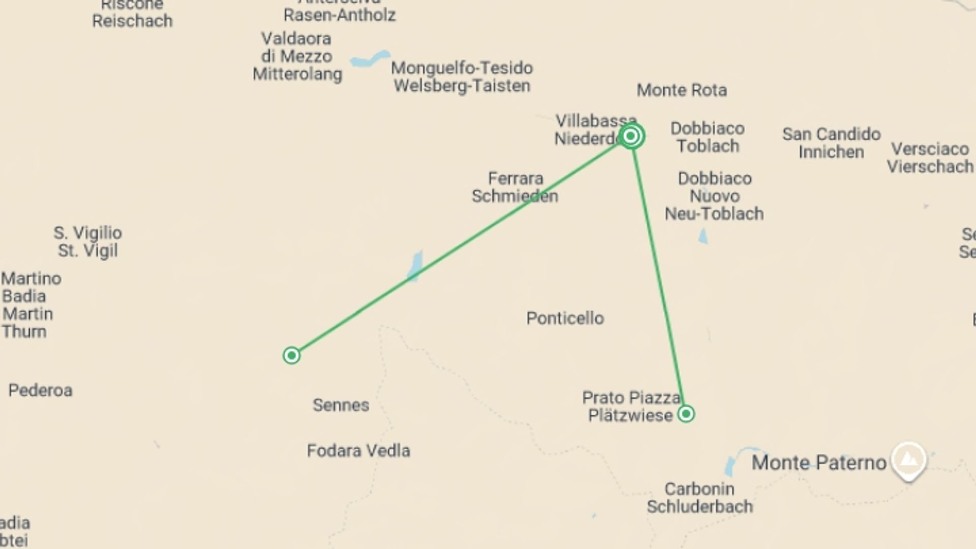 A map showing the tour itinerary for the trip: Snowshoeing in the Dolomites - Premium Adventure, starting in Niederdorf, Italy and ending in Niederdorf, Italy going through 4 other destinations.