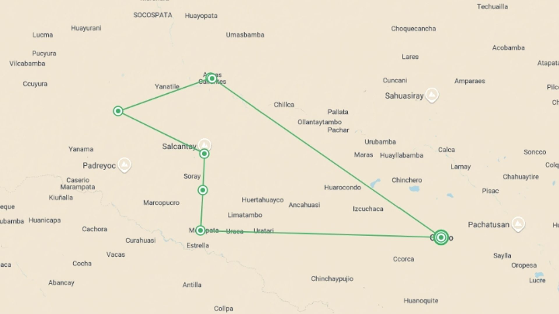 A map showing the tour itinerary for the trip: 5-Day Salkantay Trail Tour to Machu Picchu, starting in Cusco, Peru and ending in Cusco, Peru going through 4 other destinations.