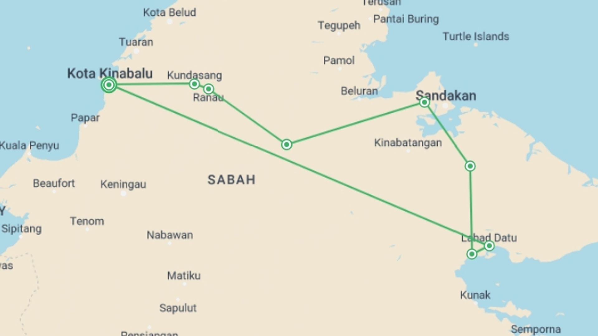 A map showing the tour itinerary for the trip: Untamed Borneo, starting in Kota Kinabalu, Malaysia and ending in Kota Kinabalu, Malaysia going through 8 other destinations.