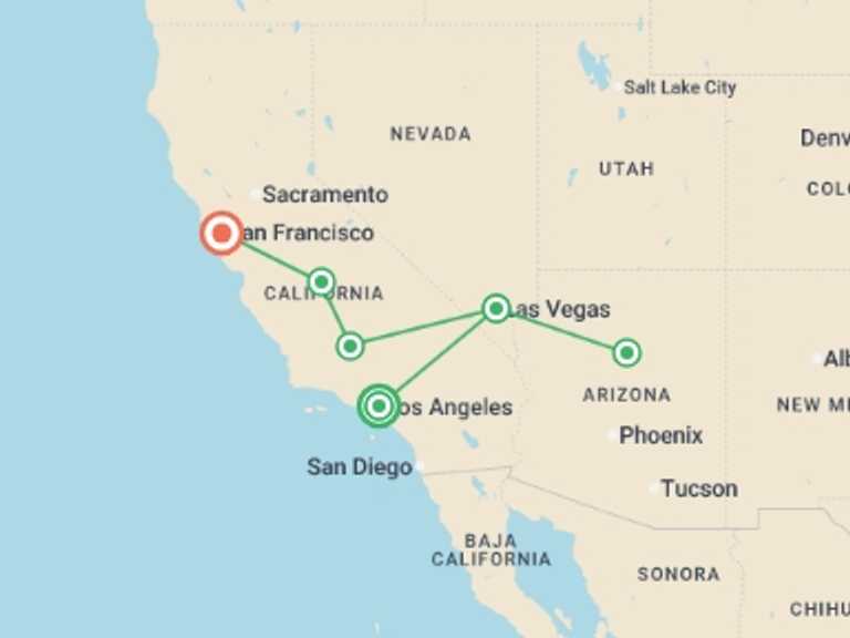 Map itinerary of USA Tour in March 2027 with 6 destination visits for the trip: Dreams of the West end in San Francisco