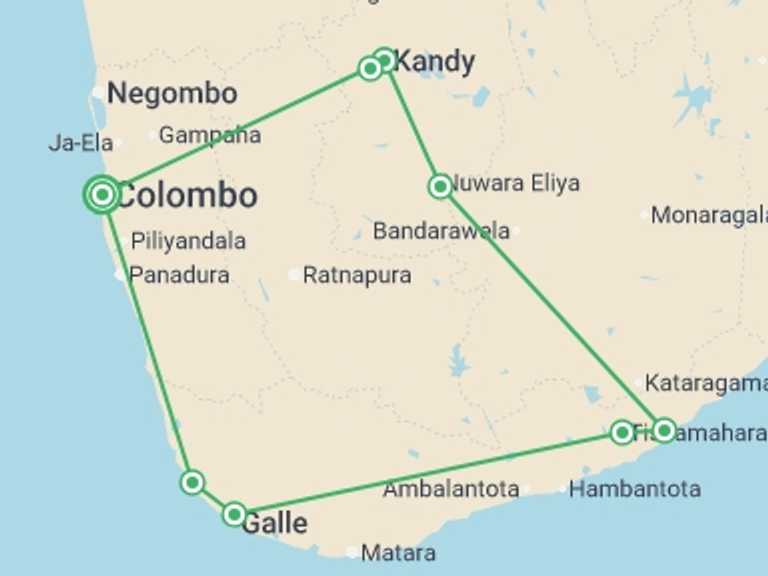 Map itinerary of Asia Tour in Winter with 5 destination visits for the trip: Best Of Sri Lanka 7 Days, Private Tour