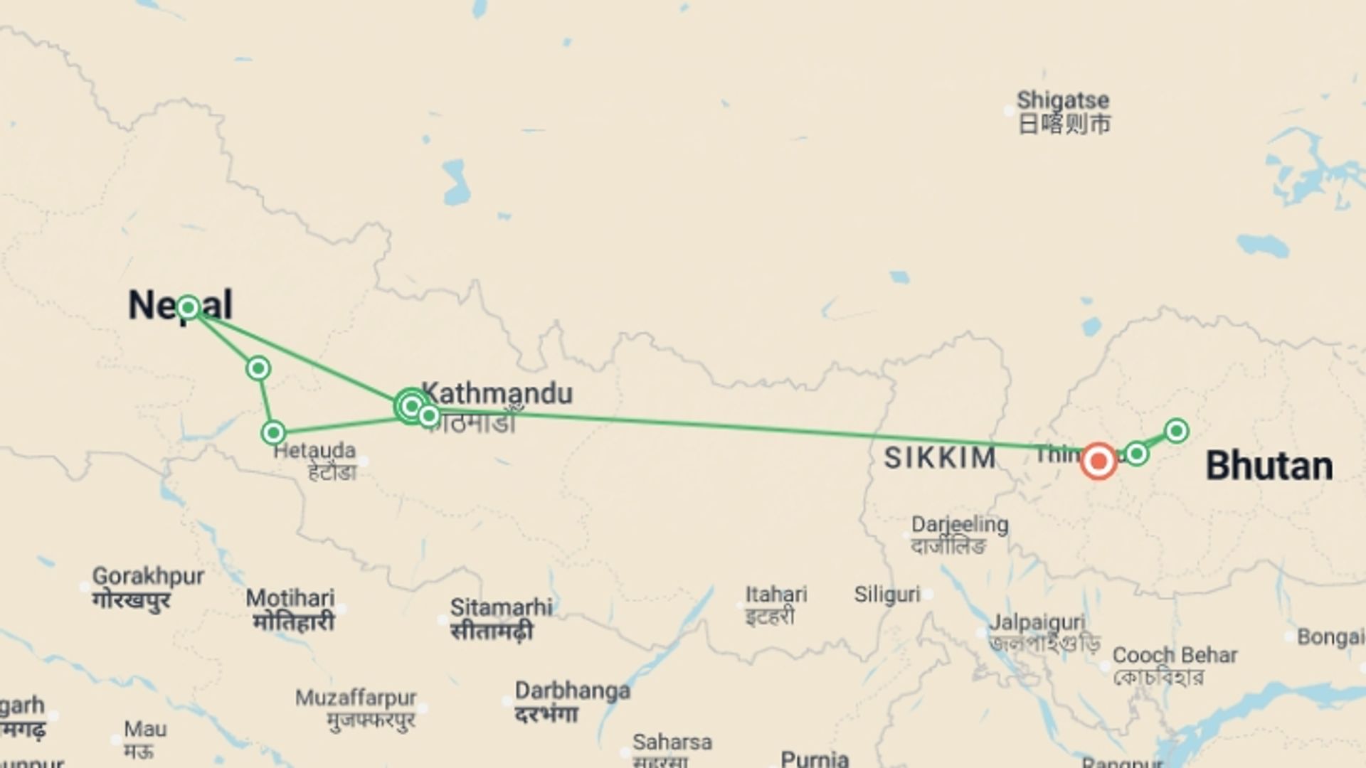 A map showing the tour itinerary for the trip: Nepal & Bhutan Journey, starting in Kathmandu, Nepal and ending in Paro, Bhutan going through 6 other destinations.
