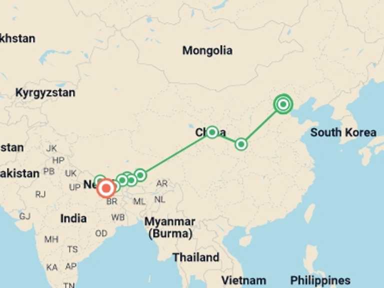 Map itinerary of Beijing Tour in March 2027 with 10 destination visits for the trip: Tibet: Beijing to Kathmandu Overland