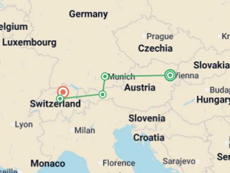 Map itinerary of Europe Tour in December 2026 with 5 destination visits for the trip: Christmas Markets of Austria, Germany and Switzerland