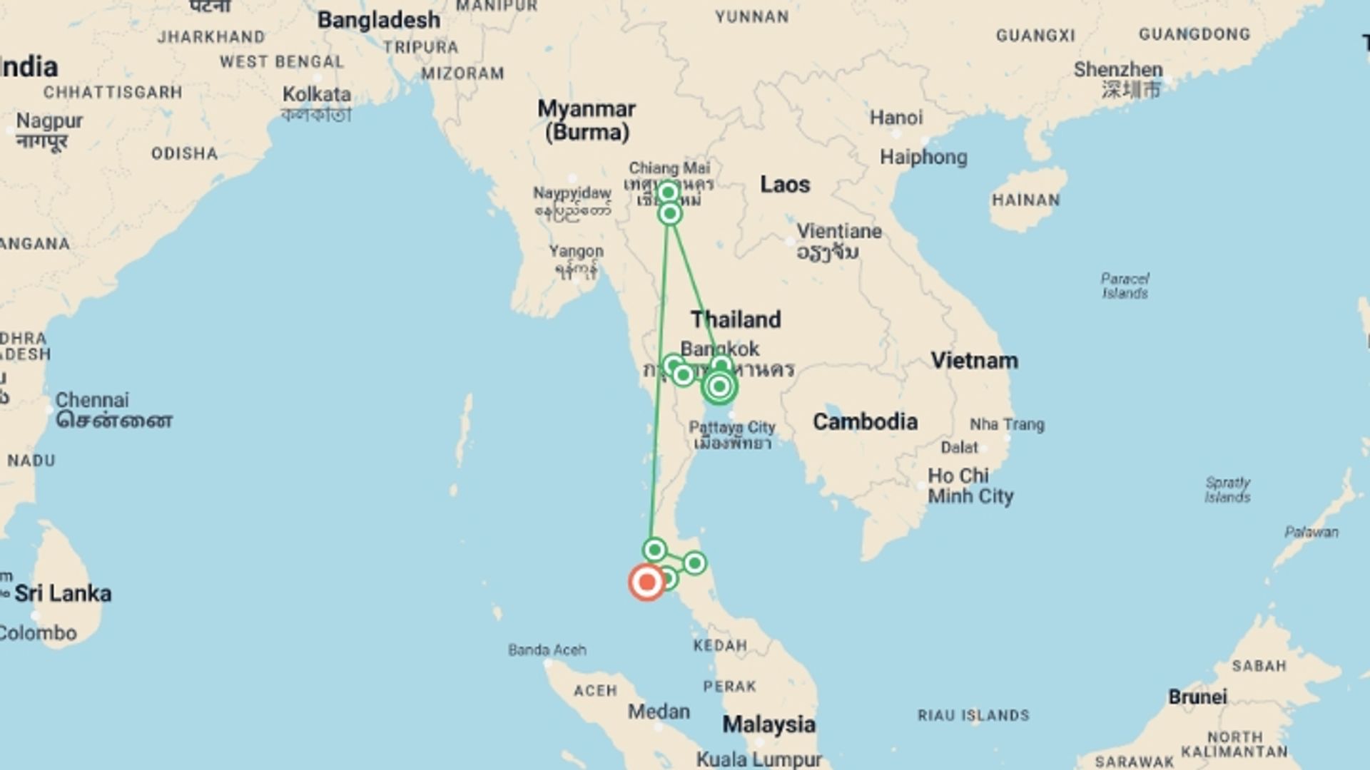 A map showing the tour itinerary for the trip: Best of Thailand Family Holiday, starting in Bangkok, Thailand and ending in Phuket, Thailand going through 8 other destinations.