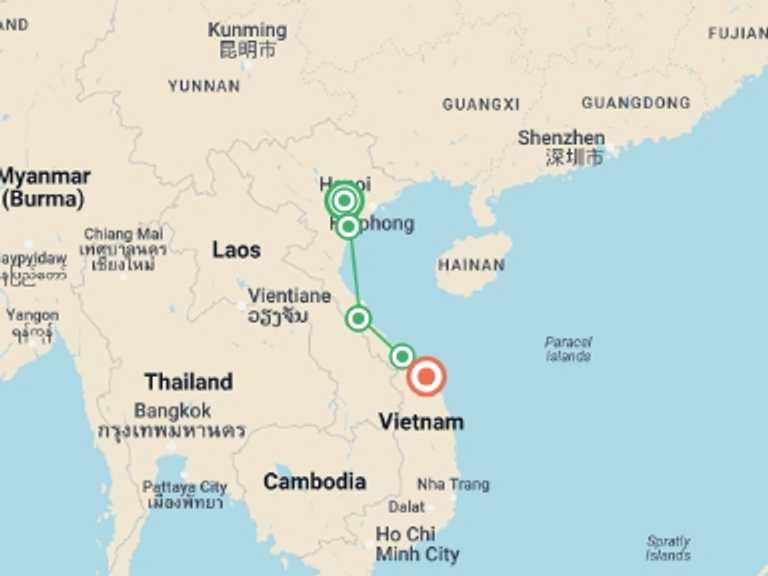 Map itinerary of Hanoi Tour in September 2026 with 5 destination visits for the trip: North & Central Vietnam: Hanoi, Hoi An & Countryside Adventures