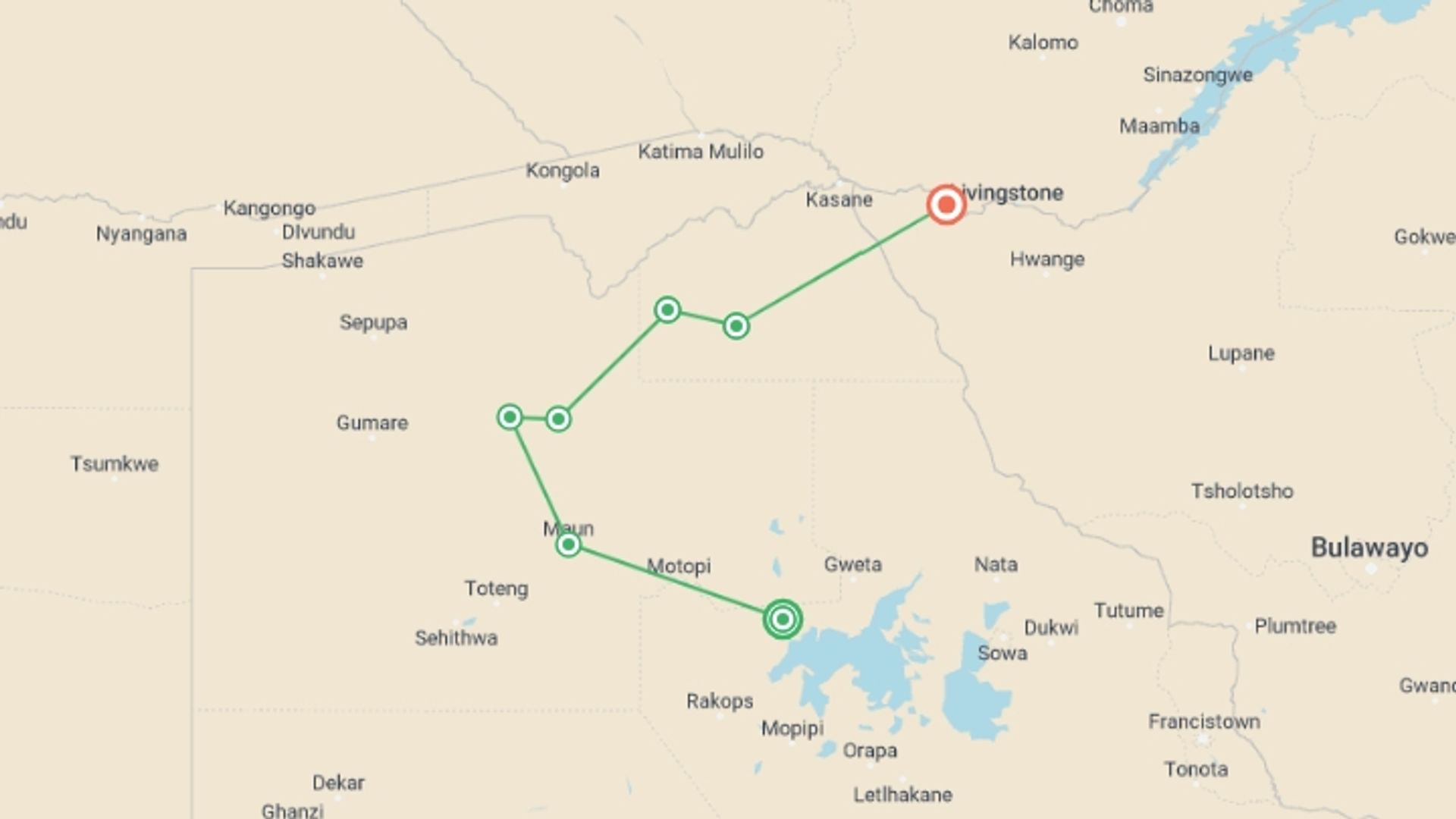 A map showing the tour itinerary for the trip: Okavango, Chobe & Victoria Falls: 12 Days, starting in Makgadikgadi Pans, Tanzania and ending in Victoria Falls, Zimbabwe going through 5 other destinations.