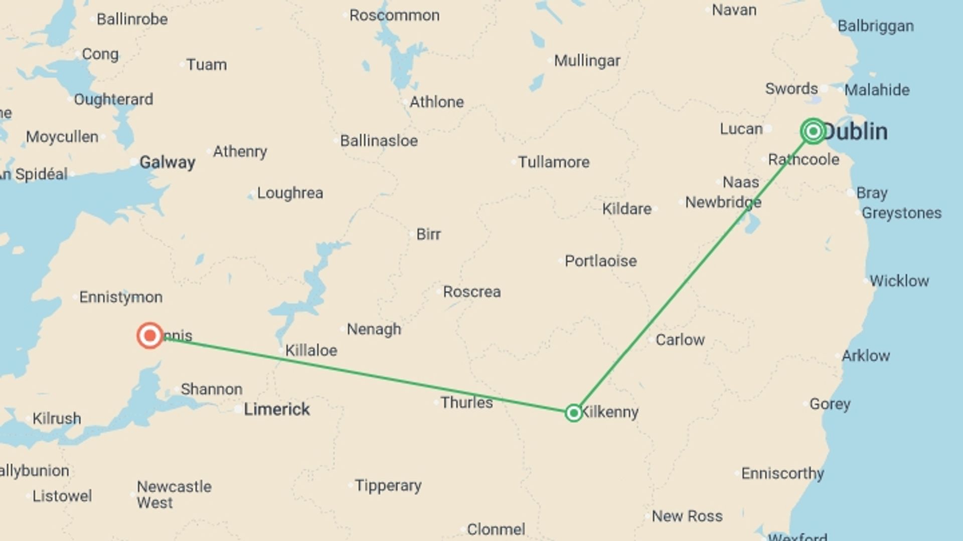 A map showing the tour itinerary for the trip: Signature: Ireland's Dublin, Killarney & the Cliffs of Moher, starting in Dublin, Ireland and ending in Ennistymon, Ireland going through 2 other destinations.