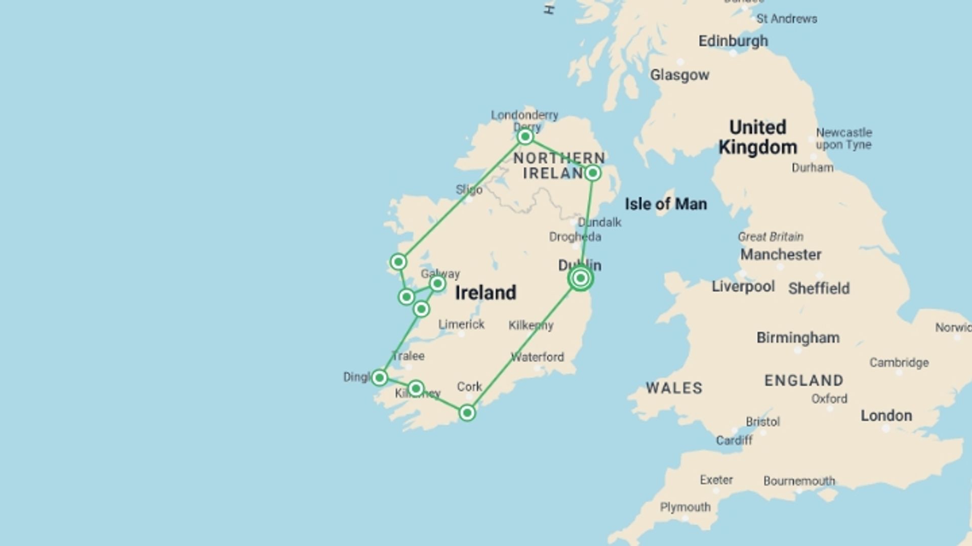 A map showing the tour itinerary for the trip: The Ultimate Ireland 10-Day Tour, starting in Dublin, Ireland and ending in Dublin, Ireland going through 10 other destinations.