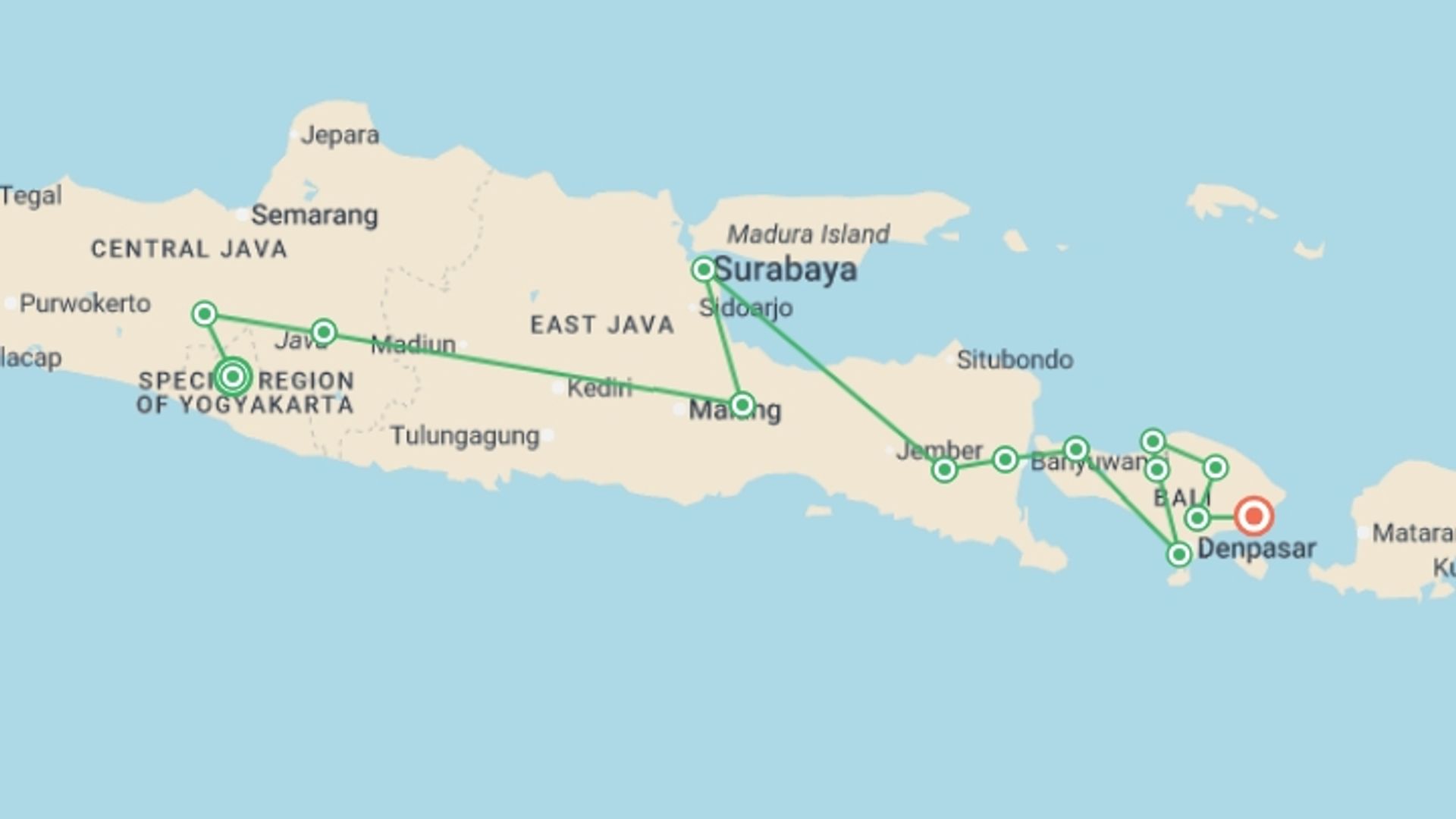 A map showing the tour itinerary for the trip: Indonesia: Java & Bali, starting in Yogyakarta, Indonesia and ending in Candi Dasa, Indonesia going through 13 other destinations.