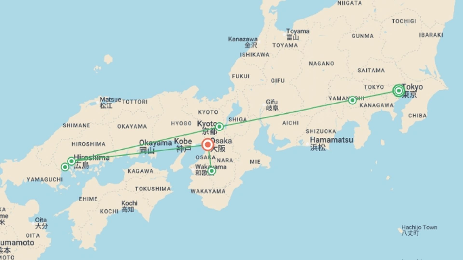 A map showing the tour itinerary for the trip: Best of Japan with Koya-san, starting in Tokyo, Japan and ending in Osaka, Japan going through 4 other destinations.