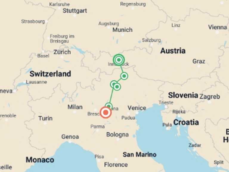 Map of Europe Trekking and Hiking Tour with 6 destination visits for the trip: Cycle Innsbruck to Verona