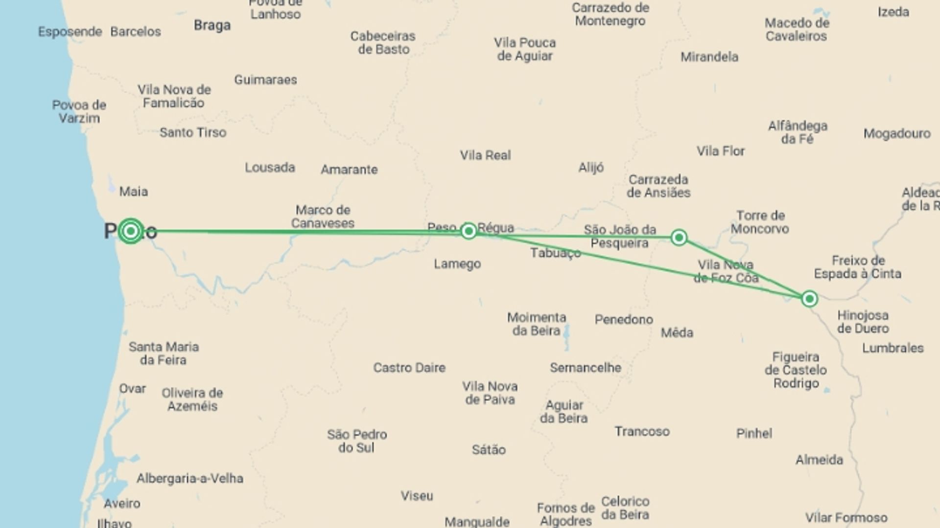 A map showing the tour itinerary for the trip: Porto, the Douro valley (Portugal) and Salamanca (Spain) 	(port-to-port cruise), starting in Porto, Portugal and ending in Porto, Portugal going through 3 other destinations.