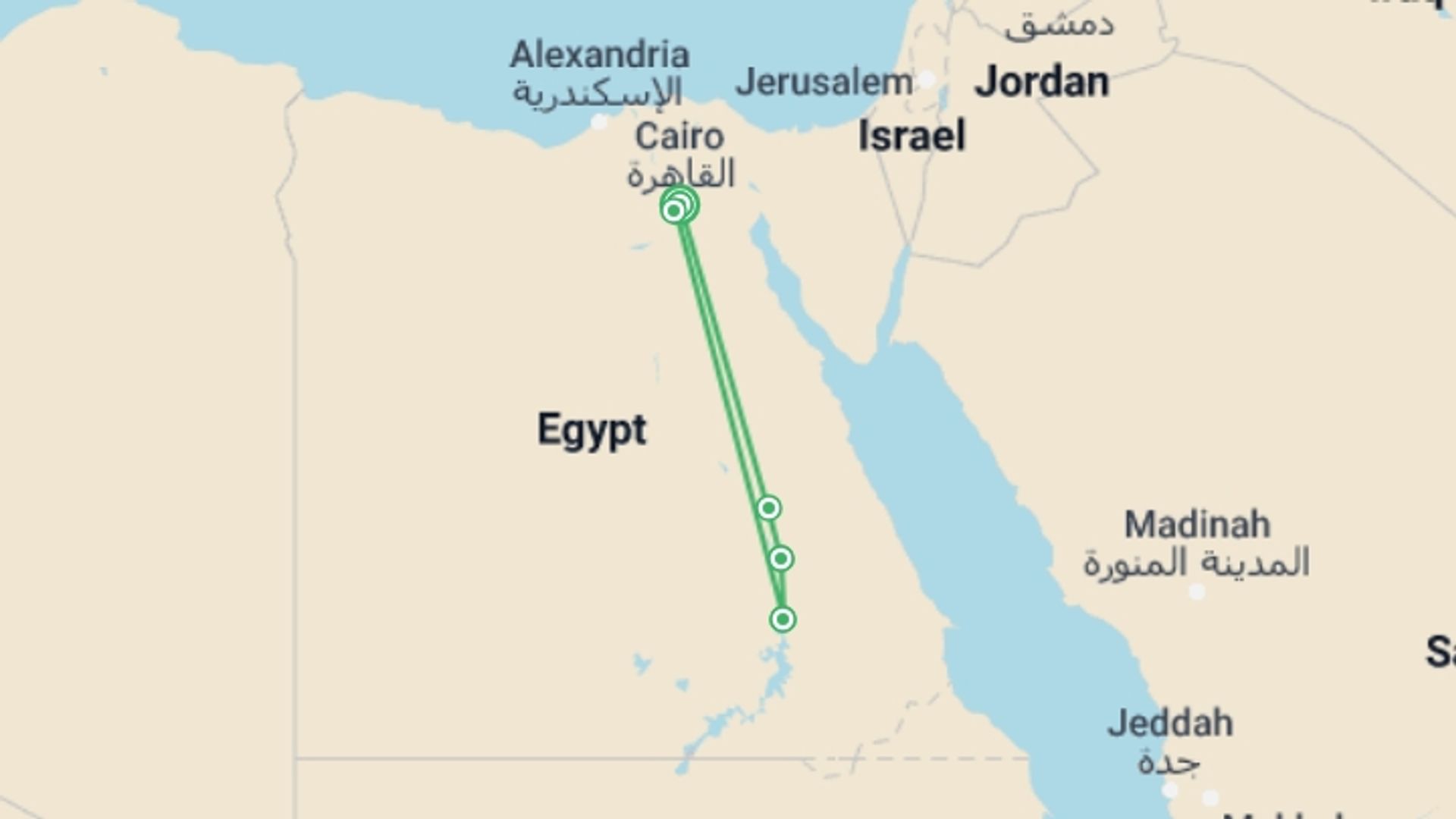 A map showing the tour itinerary for the trip: Abu Simbel Sun Festival, starting in Cairo, Egypt and ending in Cairo, Egypt going through 4 other destinations.