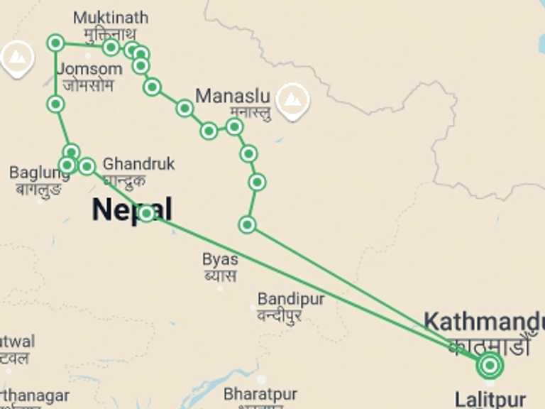 Map itinerary of Nepal Tour in Winter with 18 destination visits for the trip: Annapurna Circuit Trek