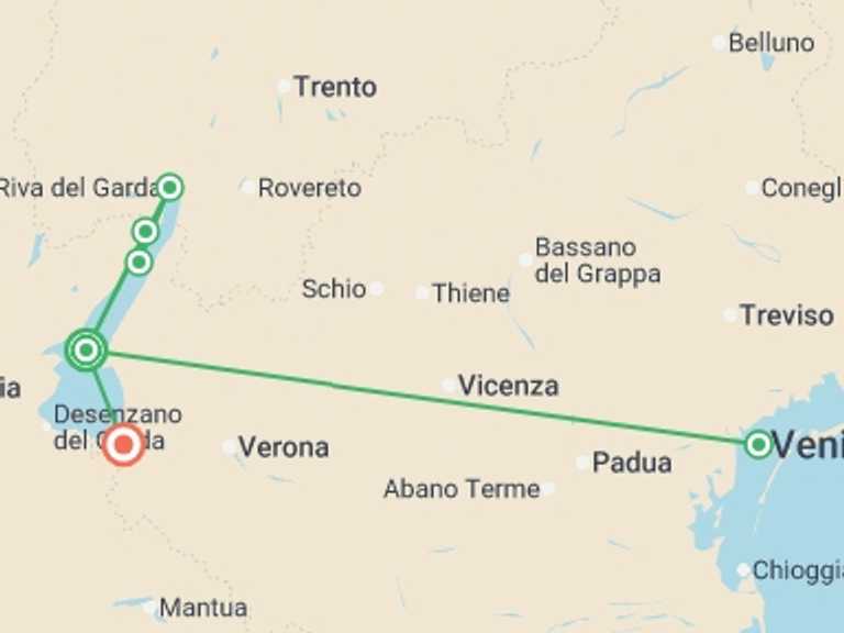 Map itinerary of Italy Tour in June 2026 with 3 destination visits for the trip: Garda, Verona & Venice - 8 days