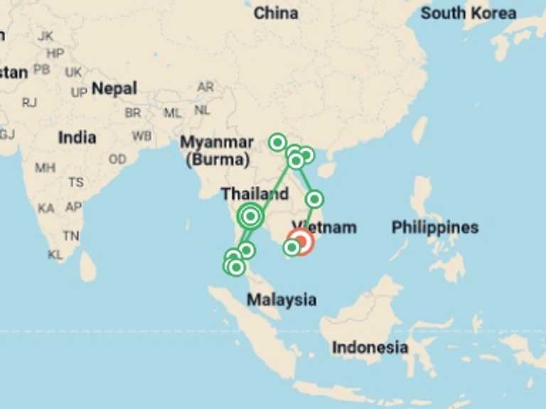 Map of South East Asia Tour with 12 destination visits for the trip: Bangkok to Ho Chi Minh City - 27 days