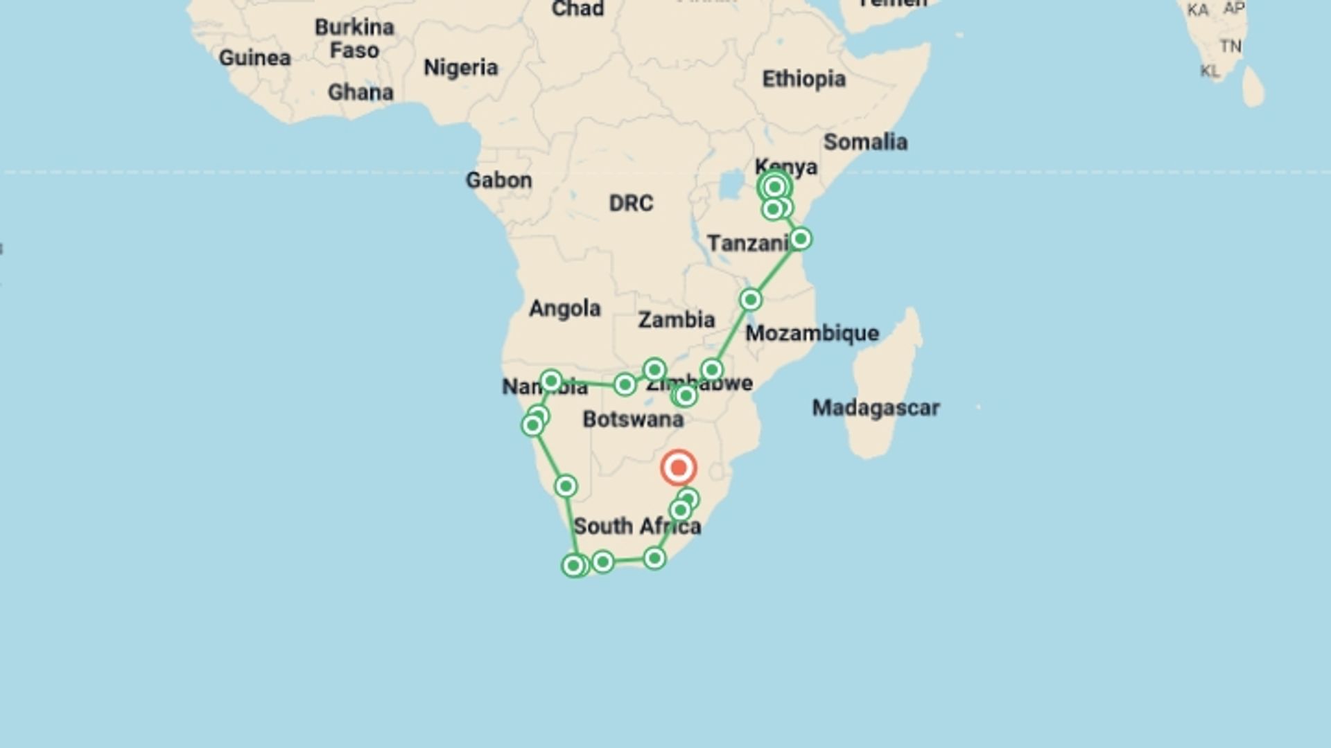 A map showing the tour itinerary for the trip: Nairobi To Johannesburg (74 Days) Coast To Coast, starting in Nairobi, Kenya and ending in Johannesburg, South Africa going through 19 other destinations.