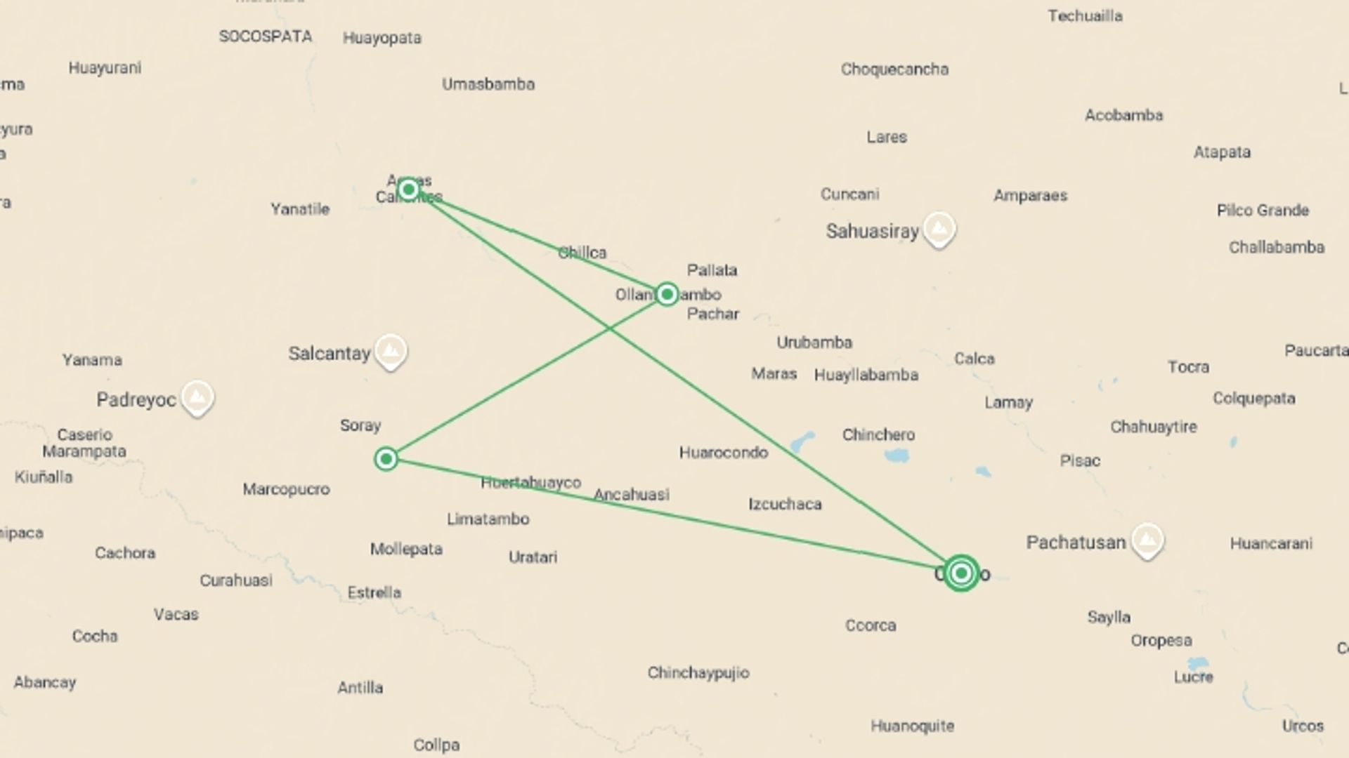 A map showing the tour itinerary for the trip: Ultimate Salkantay Inca Trail Fusion Trek 4D/3N, starting in Cusco, Peru and ending in Cusco, Peru going through 3 other destinations.