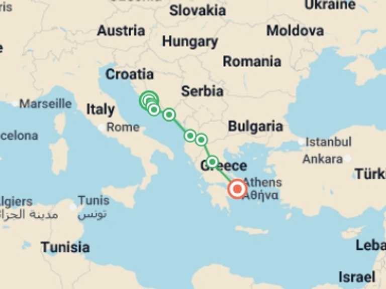 Map itinerary of Europe Tour in June 2026 with 9 destination visits for the trip: Discovering Croatia’s Coast to Greece