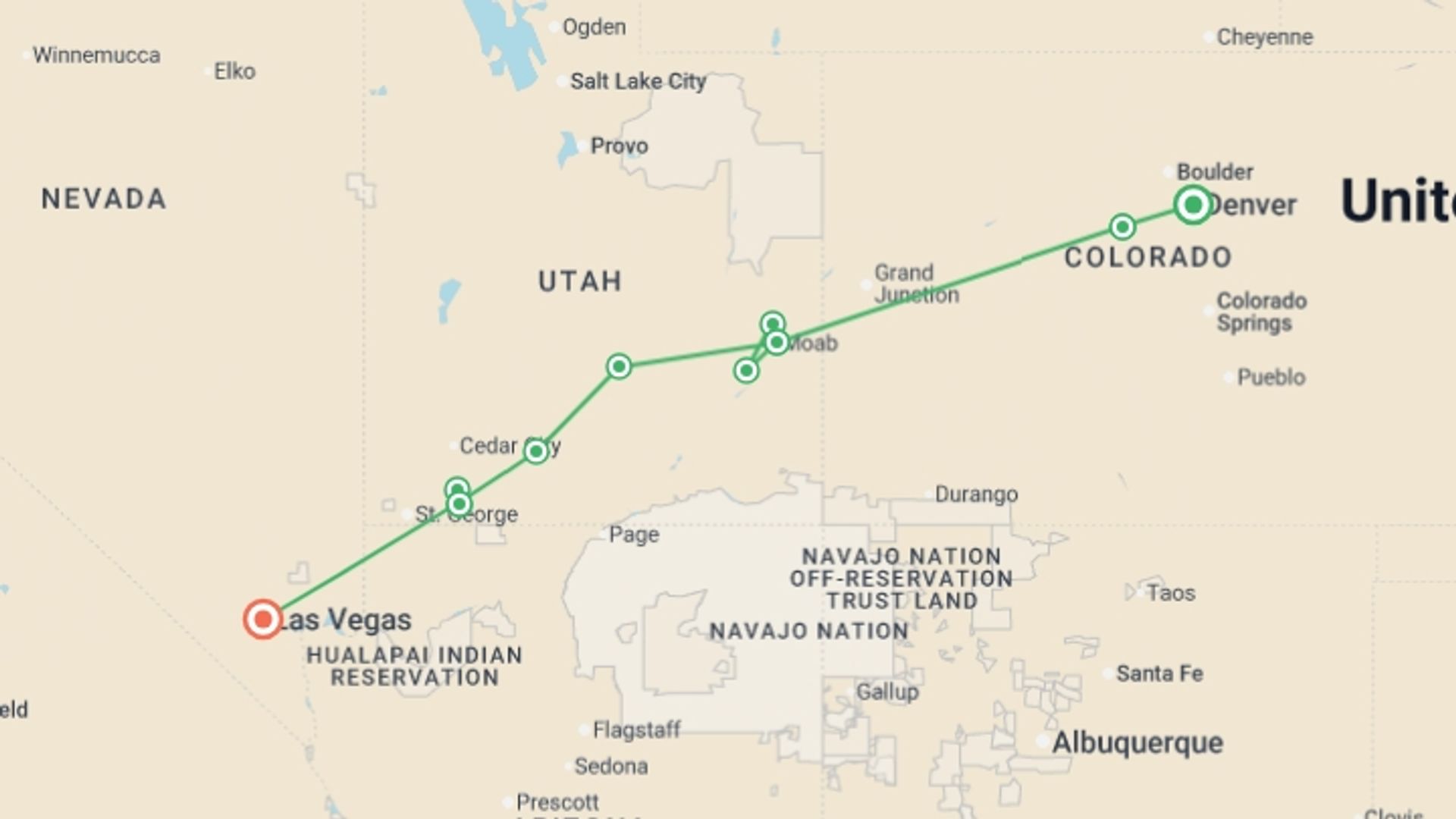A map showing the tour itinerary for the trip: Utah's Mighty Five, starting in Denver, USA and ending in Las Vegas, USA going through 4 other destinations.