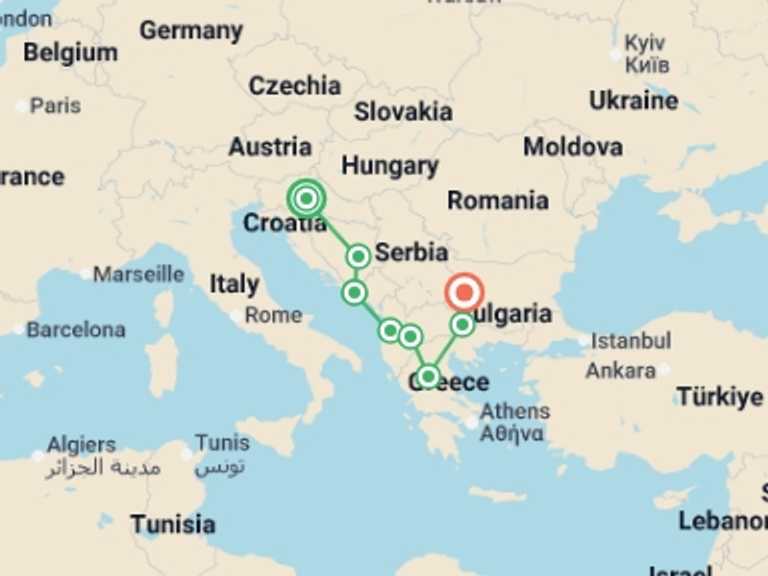 Map of Bulgaria and Croatia Tour with 8 destination visits for the trip: Balkan Dreams end Bulgaria