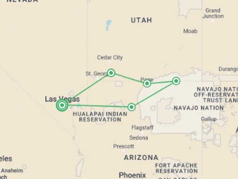Map itinerary of USA Tour in Fall with 5 destination visits for the trip: Western USA Family Holiday