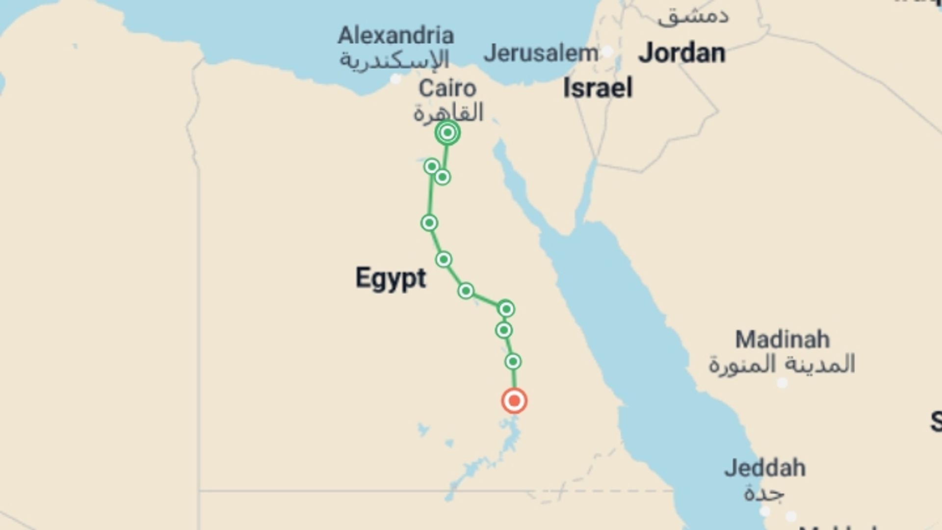 A map showing the tour itinerary for the trip: Long Nile Cruise, starting in Cairo, Egypt and ending in Aswan, Egypt going through 8 other destinations.