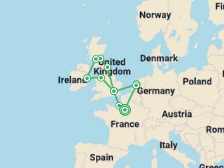 Map itinerary of France Tour in May 2026 with 10 destination visits for the trip: Atlantic Countries