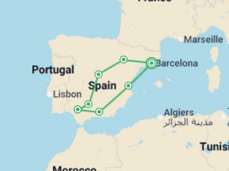 Map itinerary of Granada Tour in Fall with 5 destination visits for the trip: 6-day Guided Tour Andalucia And Valencia From Barcelona