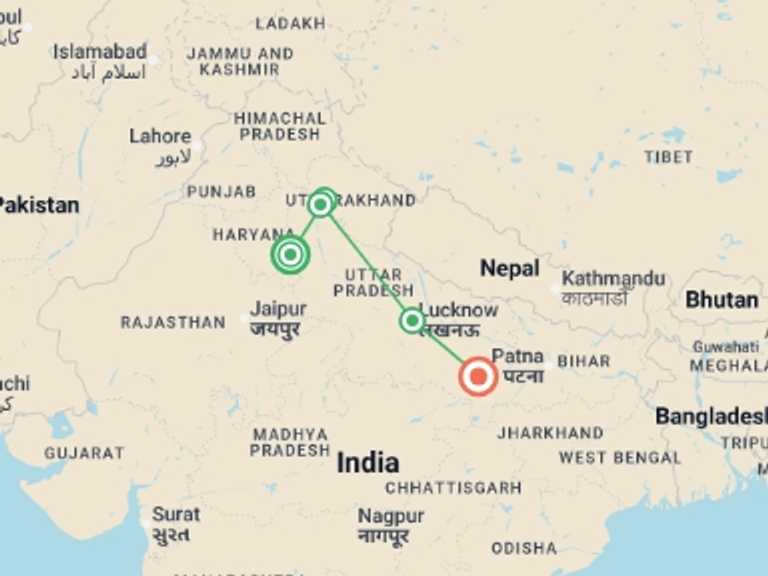 Map of Asia Tour with 4 destination visits for the trip: India: Delhi to Varanasi by Train 