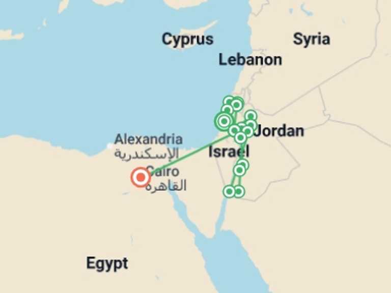 Map itinerary of Asia Tour in August 2026 with 9 destination visits for the trip: Israel, Jordan and Cairo
