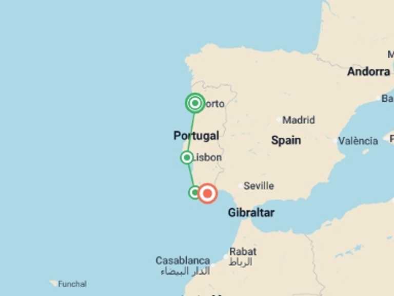 Map itinerary of Portugal Tour in July 2026 with 4 destination visits for the trip: Portugal North And South, Self-drive