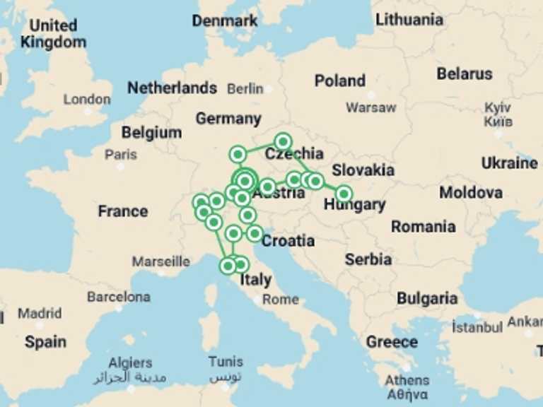 Map of 15-Day Europe Tour with 9 destination visits for the trip: Central & Eastern Europe Explorer