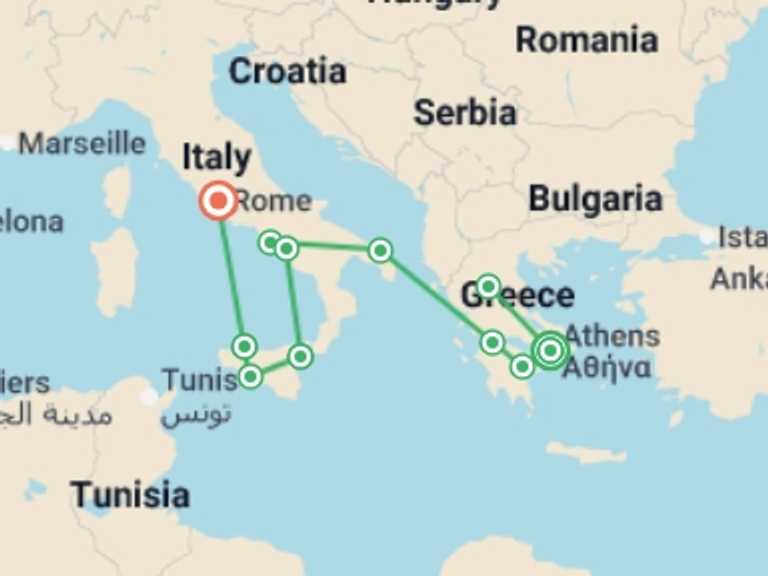 Map itinerary of Mediterranean Tour in Spring with 11 destination visits for the trip: Complete Greece and Sicily